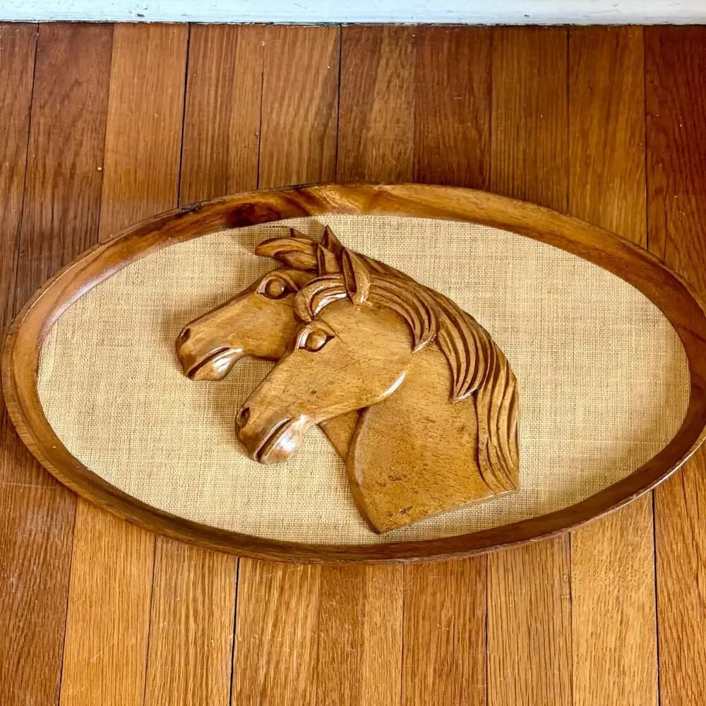 Vintage Carved Wood Horses over Burlp Wall Art in Oval Wooden Rustic Frame